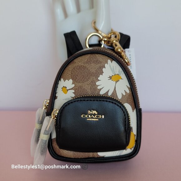 COACH Mini Court Backpack Bag Charm In Signature Canvas With Floral Print-Tan🎈⭐ - Picture 1 of 16
